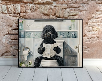 Black Goldendoodle on Toilet Painting, Dog Sitting on Toilet Reading Newspaper Wall Art Print Picture, Unique Gift for goldendoodle Mom Dad