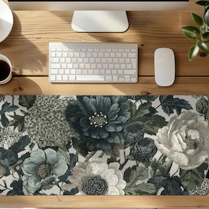 Elegant Floral Desk Mat, Dark Botanical Mouse Pad, Modern Office Desk Accessory
