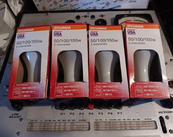Four 3-way 50+100+150w *Incandescent* Light Bulbs A20 not LED Sylvania NOS NIB