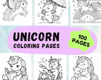 Kawaii Unicorn Coloring Book, 100 Pages (Digital Download)