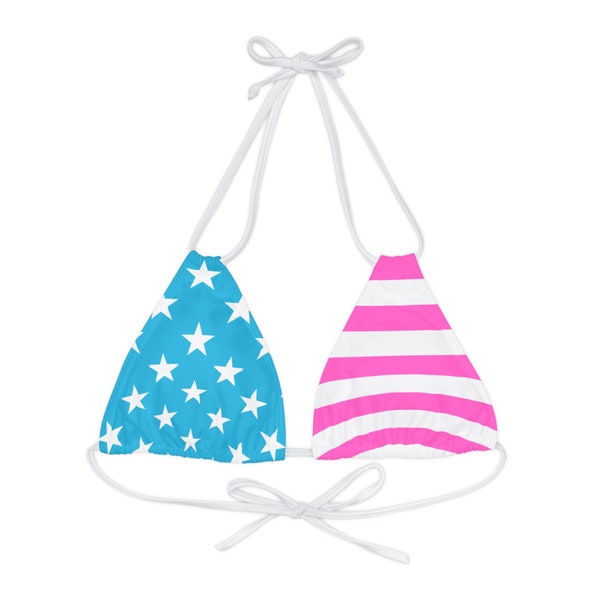 Stars & Stripes String Bikini Top Show Your American Pride Pink and light blue retro usa flag triangle bikini top Summer 2024  Neon Trend