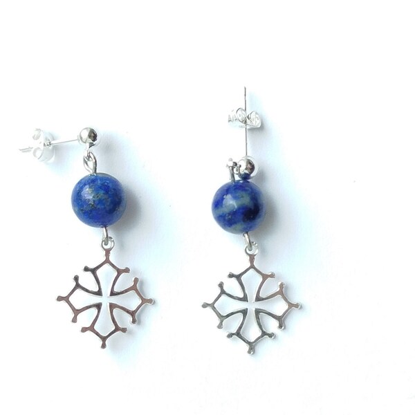 Boucles d'oreilles en argent Croix occitane et Lapis lazuli