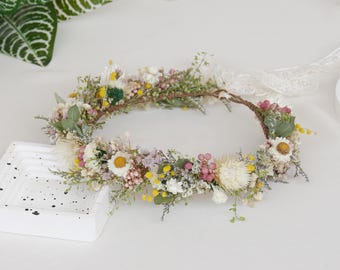 Coroa de noiva com flores secas, Coroa boho para noiva, Coroa de flores secas, Coroas de noiva, Coroa de casamento, Acessório de cabelo de noiva com flores secas naturais
