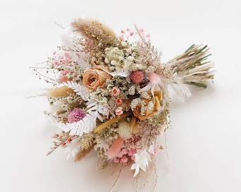Pink dried flowers bouquet for wedding,Baby&#39;s Breath +Rose dried flower bridal bouquet,Boho wedding dried flowers,Dried flower bouquet