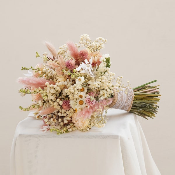 Ramo de flores secas rosas para boda, ramo de novia de paniculata y margaritas secas, flores secas para boda estilo boho.