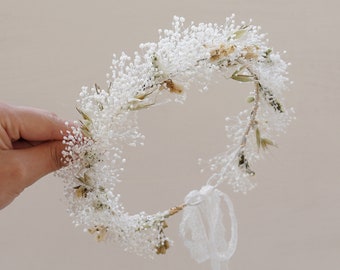 Coroa de flores secas naturais, coroas para noivas, coroa de casamento, coroa boho para noivas, acessório de cabelo com flores secas, coroa de flores secas de gypsophila