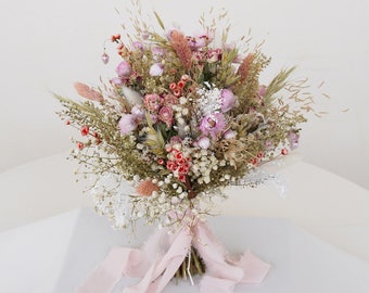 Rosa Trockenblumen Blumenstrauß für Hochzeit, Trockenblumen Brautstrauß, Boho Hochzeit Trockenblumen, Wildblumen Brautstrauß