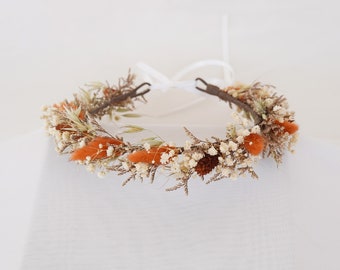 May include: A brown wire headband with dried flowers and grasses. The flowers are white and orange.