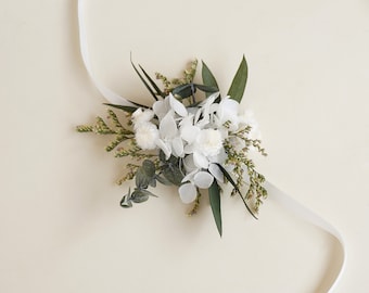 Boho bride dried flower wrist flower, Eucalyptus+Hydrangea dried flower corsage,Wedding decoration