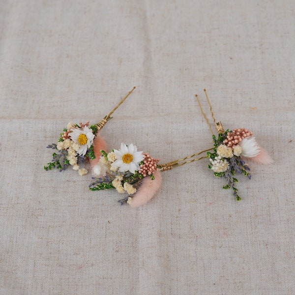 Dried flowers daisy hair pin,Bridal Hair pin, Rustic Boho Bridal hair piece, Bridal  wedding hair accessories,Pink+White hair pins