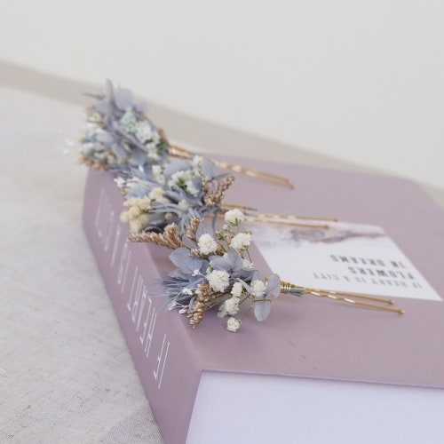 Dried flowers hair pin,Bridal Hair pin, Rustic Boho Bridal hair piece, Bridal  wedding hair accessories,Baby blue flower hair pin