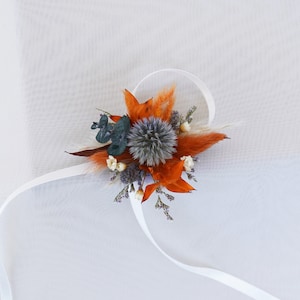 Boho bride dried flower wrist flower, Wedding decoration,Natura globe thistle wrist flower