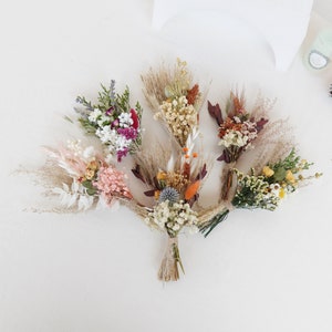 Pode incluir: Seis pequenos bouquets de flores secas em várias cores, incluindo rosa, branco e laranja, amarrados com barbante. Os bouquets estão dispostos em forma de leque sobre um fundo branco.