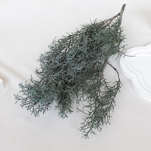 May include: A sprig of faux evergreen foliage with a muted teal color. The artificial plant has a central stem with many small, needle-like leaves. The sprig is lying on a white surface, suggesting a decorative or craft item.