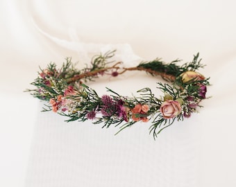 Rose Dried Flowers Crown,Boho Bride Crown,Bridal Crowns,Wedding Crown,Natural Flowers Girl Floral Crown