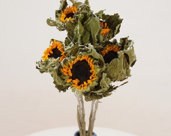 Peut inclure: Un bouquet de tournesols séchés aux pétales jaunes et aux centres brun foncé. Les tournesols sont disposés dans un vase à la finition brun foncé.