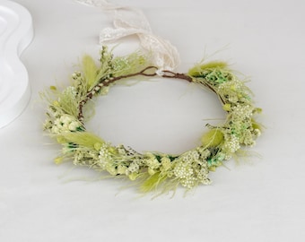 Natural Flowers Girl Floral Crown,Boho Bride Crown,Bridal Crowns,Wedding Crown, Green Dried Flowers  Crown,Dried flowers crown