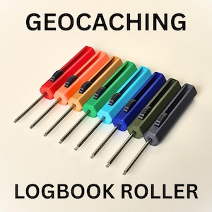 May include: Eight geocaching logbook rollers in red, orange, yellow, green, light blue, dark blue, olive, and black. Each tool features a hexagonal handle, a black thumb-operated sliding mechanism, and a thin metal rod with a slotted tip for rolling.