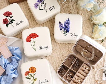 Personalized Travel Jewelry Box, BirthMonth Flower Jewelry Box, With Scrunchie Bracelet, Leather Jewelry Organizer Box, Best Gift For Her