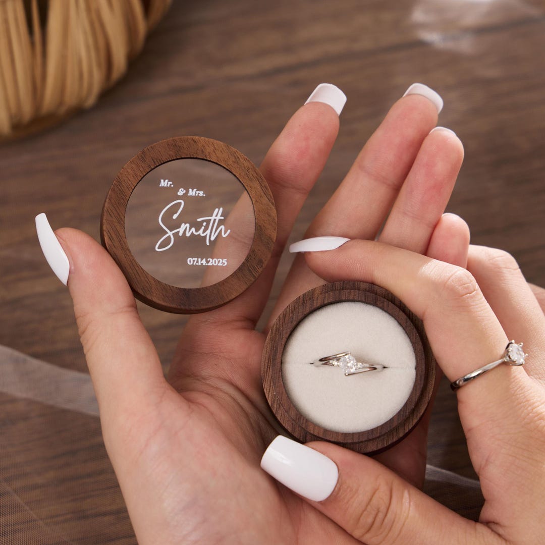 Custom Wooden Round Ring Box, Personalized Wedding Ceremony Ring Box ...