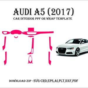 Puede incluir: Coche Audi A5 blanco con una plantilla de envoltura interior rosa. La plantilla incluye contornos del salpicadero y la consola. El texto dice "AUDI A5 (2017) CAR INTERIOR PPF OR WRAP TEMPLATE".
