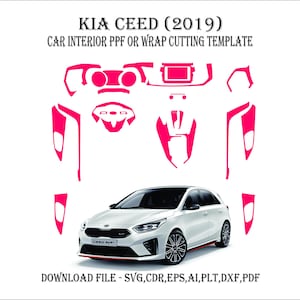 Peut inclure: Un modèle numérique pour l'intérieur d'une Kia Ceed (2019). Le modèle est rose et montre les formes des pièces intérieures de la voiture, telles que le tableau de bord, les panneaux de porte et la console centrale. Le modèle est destiné à être utilisé avec du PPF ou du découpage de film.