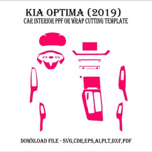 Puede incluir: Una plantilla digital rosa para el interior de un Kia Optima 2019. La plantilla incluye contornos del volante, el tablero, los paneles de las puertas y otros componentes interiores. El texto "ΚΙΑ ΟΡΤΙΜΑ (2019)" y "CAR INTERIOR PPF OR WRAP CUTTING TEMPLATE" está en la parte superior de la imagen. El texto "DOWNLOAD FILE - SVG, CDR, EPS, AI, PLT, DXF, PDF" está en la parte inferior de la imagen.
