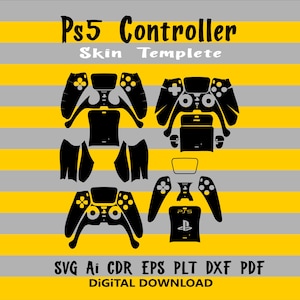 Puede incluir: Plantilla de skin de controlador negro para una PS5, con el texto "Ps5 Controller Skin Templete". El diseño incluye varias partes del controlador, sobre un fondo a rayas amarillas y grises. Descarga digital disponible.