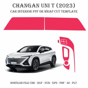Könnte beinhalten: Ein weißer Changan Unit T SUV aus dem Jahr 2023 mit schwarzem Dach und schwarzen Verzierungen. Das Auto hat einen schwarzen Kühlergrill mit einem Chrom-Akzent und ein Chrom-Emblem mit der Aufschrift "UNI-T". Das Auto steht auf einem weißen Hintergrund. Das Bild ist eine Vorlage für die PPF- oder Folien-Schnittvorlage für das Autoinnenraum.