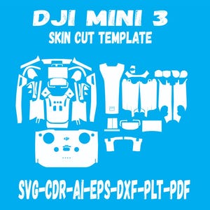 Puede incluir: Una plantilla de corte de piel blanca para un dron DJI Mini 3, sobre un fondo azul brillante. La plantilla incluye varias formas recortadas para los componentes del dron, con el texto "DJI MINI 3 SKIN CUT TEMPLATE" y opciones de tipo de archivo.
