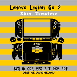 May include: Black and yellow digital download skin template for the Lenovo Legion Go 2. The design features the console's outline with the text "Lenovo Legion Go 2" and "Skin Templete". Includes file formats: SVG, AI, CDR, EPS, PLT, DXF, and PDF.