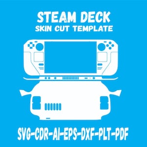 May include: White Steam Deck skin cut template design on a blue background. The design includes the outline of the Steam Deck console, with text that reads "STEAM DECK SKIN CUT TEMPLATE" and file type options.