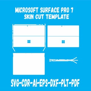May include: White skin cut template for Microsoft Surface Pro 7 on a blue background. The template includes outlines of the device's front, back, and sides, along with the Windows logo. Text at the top reads "MICROSOFT SURFACE PRO 7 SKIN CUT TEMPLATE".