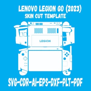 May include: White skin cut template for the Lenovo Legion Go (2023) gaming device, set against a bright blue background. The template includes cut lines for the device's various components, with the "LEGION" logo visible. The image also includes the text "SVG-CDR-AI-EPS-DXF-PLT-PDF".