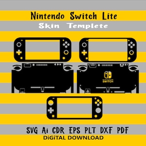 May include: Black and yellow Nintendo Switch Lite skin template design. The image shows the front and back of the console, along with the text "Nintendo Switch Lite Skin Template" and "Digital Download". The background has yellow and gray stripes.