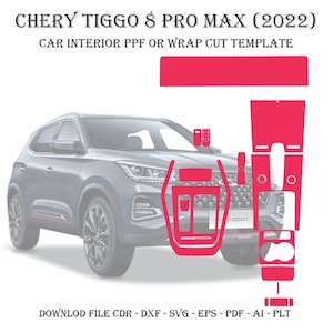 May include: A digital template for a car interior wrap or paint protection film (PPF) for the 2022 Chery Tiggo 8 Pro Max. The template includes cut lines for the center console, door panels, and other interior components. The template is available in various file formats, including CDR, DXF, SVG, EPS, PDF, AI, and PLT.