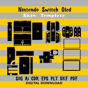 May include: A black Nintendo Switch OLED skin template with various cutouts for the console and controllers. The text "Nintendo Switch OLED Skin Template" is at the top. The bottom text reads "SVG Ai CDR EPS PLT DXF PDF DIGITAL DOWNLOAD". The background has yellow and gray stripes.