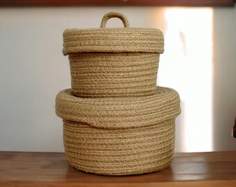 Round Jute Baskets With Lid | Woven Neutral Baskets | Natural Storage Home Baskets | Cosmetics, Kitchen Organiser With Lid | Housewarming