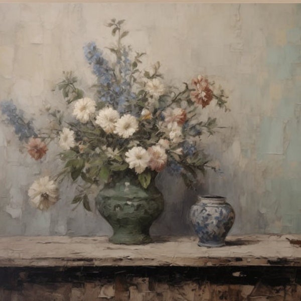 Field flowers | digital painting, vase, flowers, blue, white, blooms, muted background, warm,  realism, wall, soft, pale hue, Renaissance