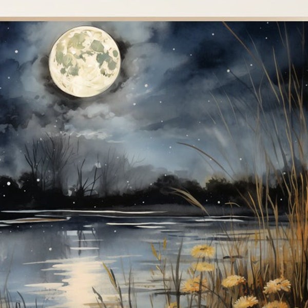 Lake at night | digital painting, watercolor, moonlit night, full moon, water, grasses, shore, light, calm lake, reeds, wildflowers