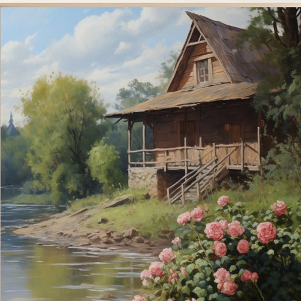 Cabin besides river | digital painting, wooden home, pink roses, romantic, warmth, clear water, sunlight, vacation, hidden world, alone