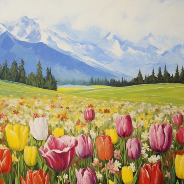 Alpine flowers | digital painting, tulips, vibrant flowers, snowcapped mountains, realism, bright and colorful hues, countryside, majestic