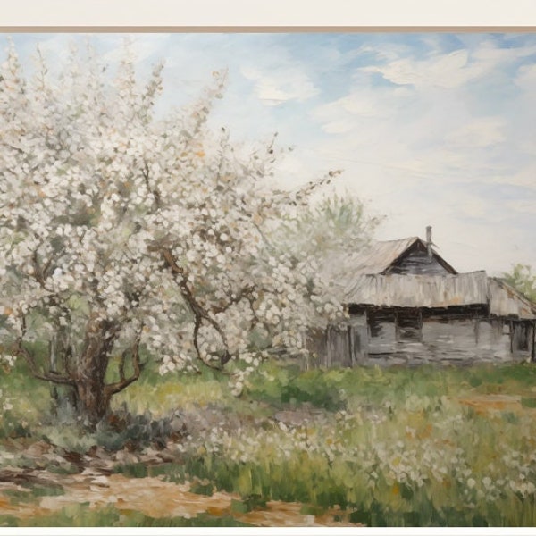 Cottage in Spring | digital painting, old house, blooming apple tree, vintage style, muted colors, muted colors, romantic atmosphere, garden