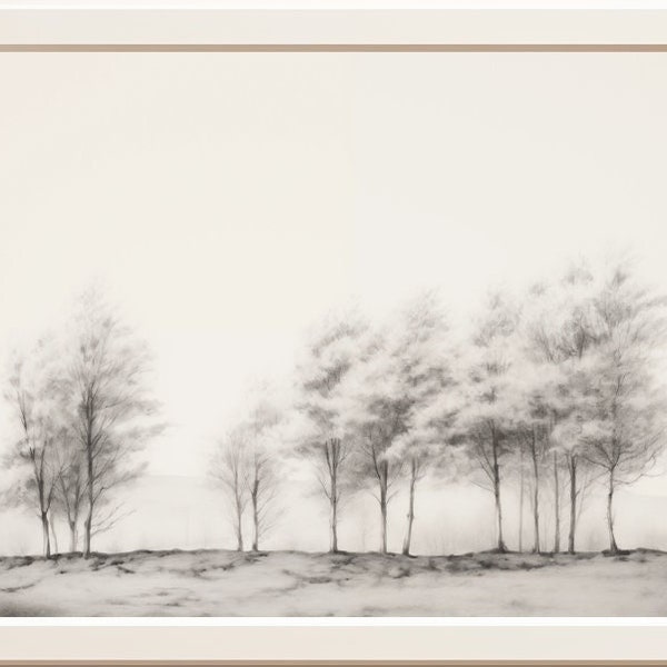 Tree line | digital painting, black and white, pencil drawing, countryside, composition, trees, minimalist, ethereal atmosphere, loneliness