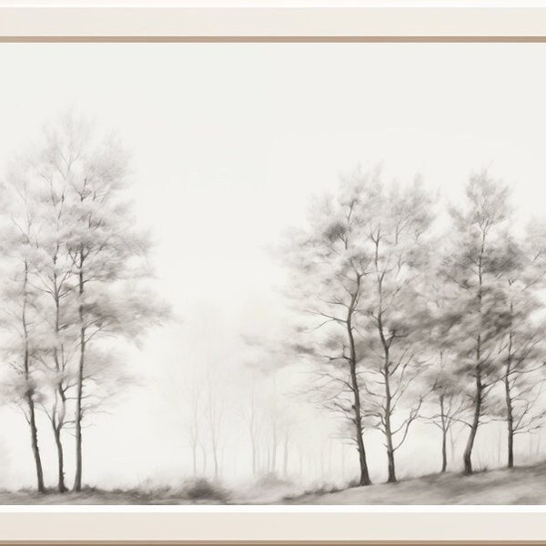 Tree line | digital painting, black and white, pencil drawing, countryside, composition, trees, minimalist, ethereal atmosphere, loneliness