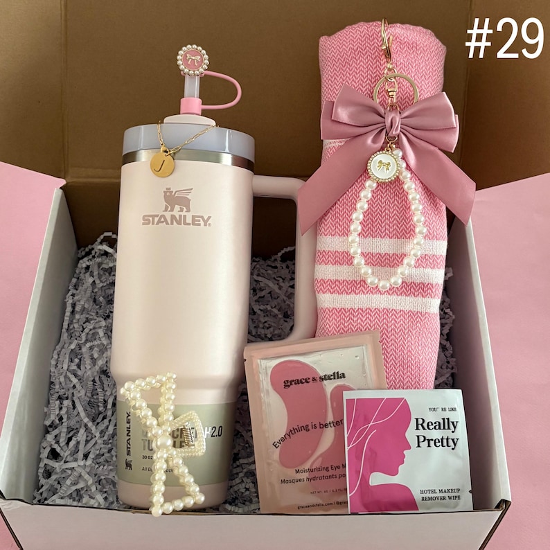 Blanket Gift Box Set For Grandma, Mom, Aunt
30 oz Rose Quartz Stanley
Straw Topper
Initial Tumbler Handle Charm
Pink Turkish Throw
Pearl Hair Claw
Eye Mask
Makeup Remover Towel
