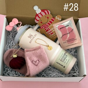Pink Heart Christmas Spa Gift Set 
30 oz Rose Quartz Stanley
Straw Topper
Initial Tumbler Handle Charm
Xmas Face Mask
Eye Mask
Fuzzy Heart Socks
Red Velvet Ornament