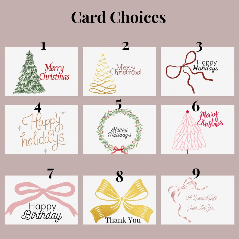 Card Choices For Your Customized Gift Basket Sister with a TMNovo Tumbler Charm! 
Cards include:
Merry Christmas
Happy Holidays
Happy Birthday
Happy Anniversary
Thank You
Congratulations
Happy Mothers Day
Will You Be My Valentine
Self Care is loving yourself
Get Well Soon
The finishing touch for your Self Care Package Friend Gift Box, a custom one of a kind card.
welcome little one
congrats mama
happy mothers day
mom, you are doing great
thinking of you
happy easter
sorry for your loss