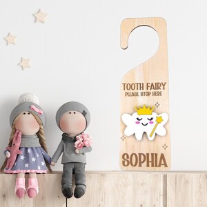 Personalized Tooth Fairy Door Hanger with Money and Note Slot Custom Tooth Fairy Gift for Kids Custom Name Tooth Pick Up Sign