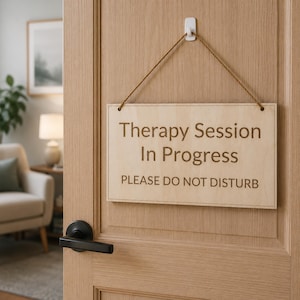 May include: A rectangular light-coloured wooden sign hanging from a white hook on a door by a thin brown cord. The sign features the engraved text "Therapy Session In Progress" in large letters and "PLEASE DO NOT DISTURB" in smaller text below.